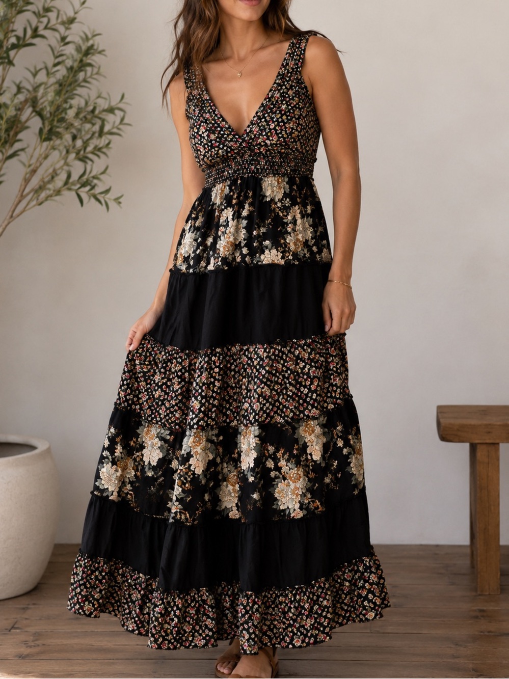 Floral Tiered Black Maxi Dress V-Neck Summer Dress Boho Romantic Cottagecore L
